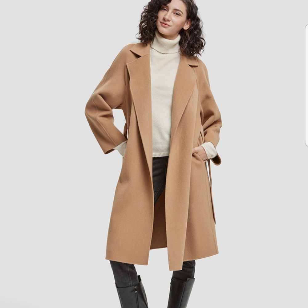 Tie-Waist 100% Wool Wrap Coat (Light Camel) - Nap Loungewear